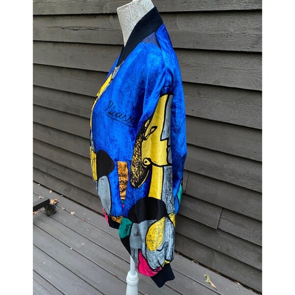 Vtg 90s Exclusively Misook OS Picasso graphic satin bomber jacket wearable art - Picture 6 of 12